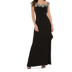 MSK Black Ruched Evening Gown with pretty appliqué